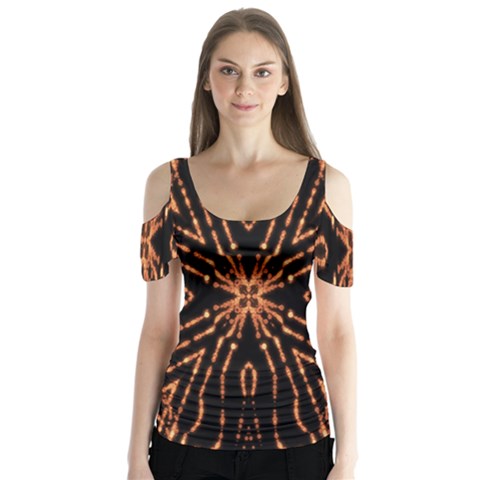 Golden Fire Pattern Polygon Space Butterfly Sleeve Cutout Tee  by Mariart