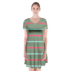 Horizontal Line Red Green Short Sleeve V-neck Flare Dress by Mariart