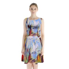 Abstract Tunnel Sleeveless Waist Tie Chiffon Dress by NouveauDesign