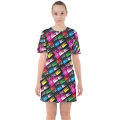 Pattern Colorfulcassettes Icreate Sixties Short Sleeve Mini Dress by iCreate