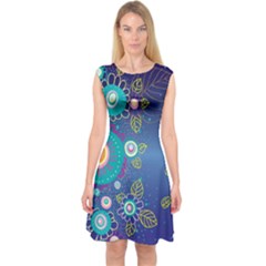 Flower Blue Floral Sunflower Star Polka Dots Sexy Capsleeve Midi Dress by Mariart