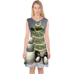 Funny Snowman With Penguin And Christmas Tree Capsleeve Midi Dress by FantasyWorld7