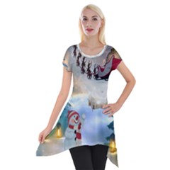 Christmas, Snowman With Santa Claus And Reindeer Short Sleeve Side Drop Tunic by FantasyWorld7