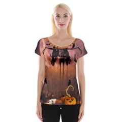 Halloween Design With Scarecrow, Crow And Pumpkin Cap Sleeve Tops by FantasyWorld7