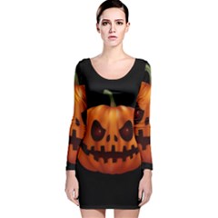 Halloween Pumpkin Long Sleeve Velvet Bodycon Dress by Valentinaart