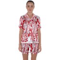 Red Flower Floral Leaf Satin Short Sleeve Pyjamas Set View1