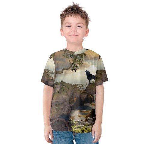 The Lonely Wolf On The Flying Rock Kids  Cotton Tee by FantasyWorld7