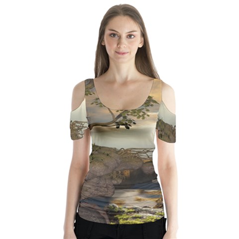 The Lonely Wolf On The Flying Rock Butterfly Sleeve Cutout Tee  by FantasyWorld7