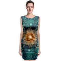 Beautiful Tangerine Orange And Teal Lotus Fractals Sleeveless Velvet Midi Dress by jayaprime