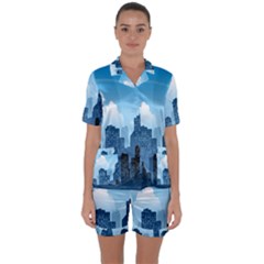 City Building Blue Sky Satin Short Sleeve Pyjamas Set by Mariart