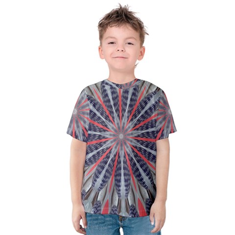 Red White Blue Kaleidoscopic Star Flower Design Kids  Cotton Tee by yoursparklingshop