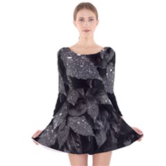 Black And White Leaves Photo Long Sleeve Velvet Skater Dress by dflcprintsclothing