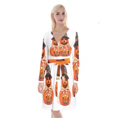 Funny Halloween Pumpkins Long Sleeve Velvet Front Wrap Dress by gothicandhalloweenstore