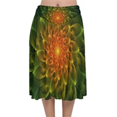 Beautiful Orange-green Desert Cactus Fractalspiral Velvet Flared Midi Skirt by jayaprime