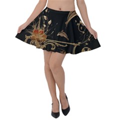 Wonderful Dolphins And Flowers, Golden Colors Velvet Skater Skirt by FantasyWorld7