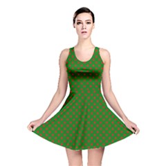 Red Stars On Christmas Green Background Reversible Skater Dress by PodArtist