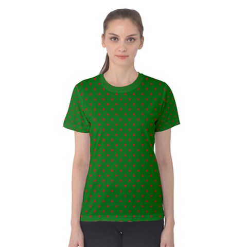 Mini Red Dots On Christmas Green Women s Cotton Tee by PodArtist