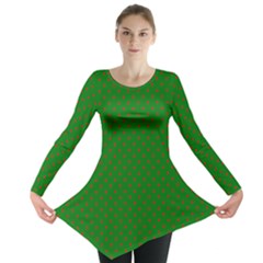 Mini Red Dots On Christmas Green Long Sleeve Tunic  by PodArtist