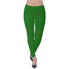 Mini Red Dots On Christmas Green Velvet Leggings by PodArtist