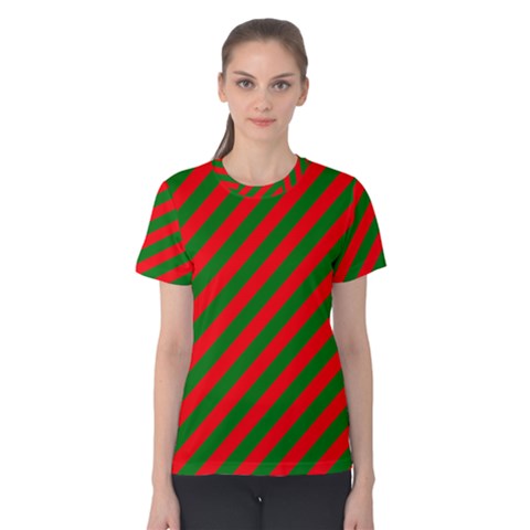 Red And Green Christmas Candycane Stripes Women s Cotton Tee by PodArtist