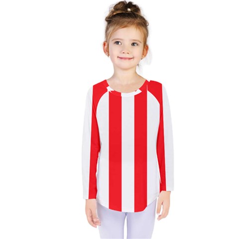 Wide Red And White Christmas Cabana Stripes Kids  Long Sleeve Tee by PodArtist