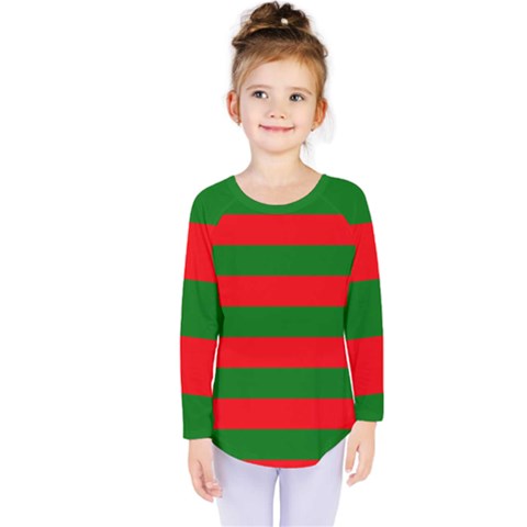 Red And Green Christmas Cabana Stripes Kids  Long Sleeve Tee by PodArtist