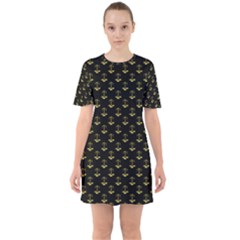 Gold Scales Of Justice On Black Repeat Pattern All Over Print  Sixties Short Sleeve Mini Dress by PodArtist