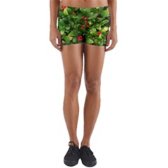 Christmas Season Floral Green Red Skimmia Flower Yoga Shorts by yoursparklingshop