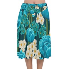 Light Blue Roses And Daisys Velvet Flared Midi Skirt by Bigfootshirtshop