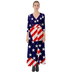 Patriotic Usa Stars Stripes Red Button Up Boho Maxi Dress by Celenk