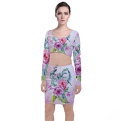 Flowers And Leaves In Soft Purple Colors Long Sleeve Crop Top & Bodycon Skirt Set by FantasyWorld7