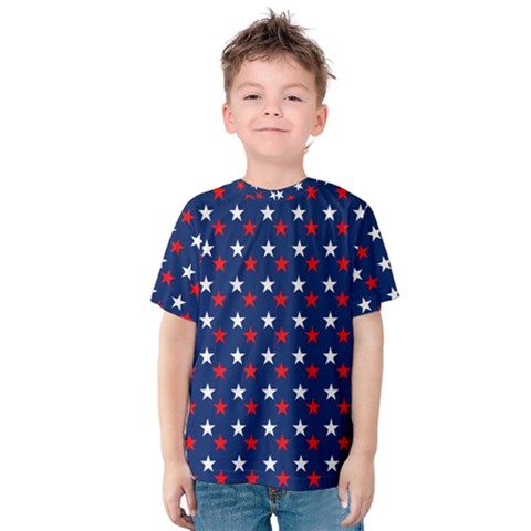 Patriotic Red White Blue Stars Blue Background Kids  Cotton Tee by Celenk