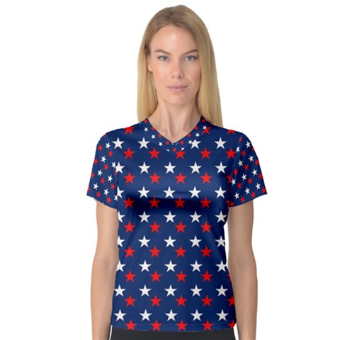 Patriotic Red White Blue Stars Blue Background V-neck Sport Mesh Tee by Celenk