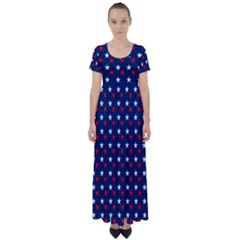 Patriotic Red White Blue Stars Blue Background High Waist Short Sleeve Maxi Dress by Celenk