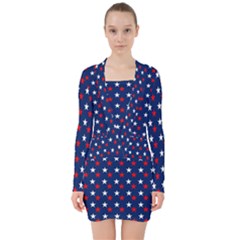 Patriotic Red White Blue Stars Blue Background V-neck Bodycon Long Sleeve Dress by Celenk