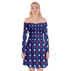 Patriotic Red White Blue Stars Blue Background Off Shoulder Skater Dress by Celenk