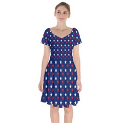 Patriotic Red White Blue Stars Blue Background Short Sleeve Bardot Dress by Celenk