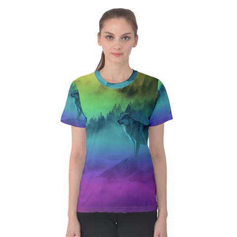 Yellowstone Wolfs Sunset Women s Cotton Tee by PodArtist