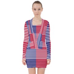 American Flag Patriot Red White V-neck Bodycon Long Sleeve Dress by Celenk