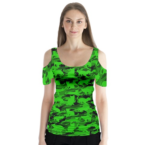 Bright Neon Green Catmouflage Butterfly Sleeve Cutout Tee  by PodArtist