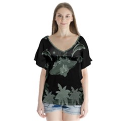 Surfboard With Dolphin, Flowers, Palm And Turtle V-neck Flutter Sleeve Top by FantasyWorld7