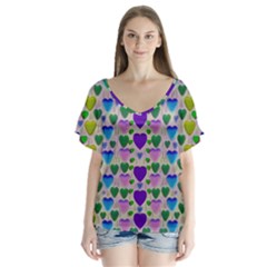 Love In Eternity Is Sweet As Candy Pop Art V-neck Flutter Sleeve Top by pepitasart