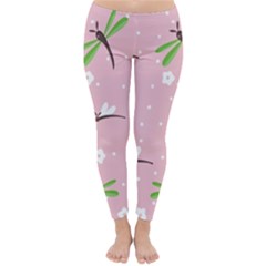 Dragonfly And White Flowers Pattern Classic Winter Leggings by Bigfootshirtshop