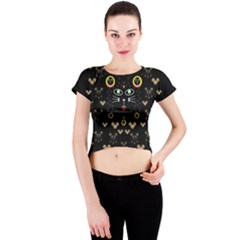 Merry Black Cat In The Night And A Mouse Involved Pop Art Crew Neck Crop Top by pepitasart