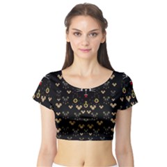 Merry Black Cat In The Night And A Mouse Involved Pop Art Short Sleeve Crop Top by pepitasart