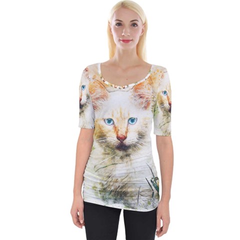 Cat Animal Art Abstract Watercolor Wide Neckline Tee by Celenk