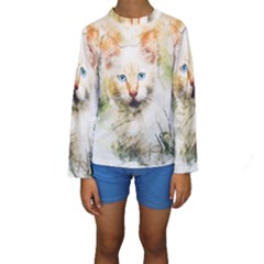 Cat Animal Art Abstract Watercolor Kids  Long Sleeve Swimwear by Celenk