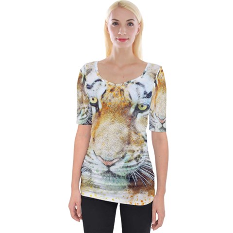 Tiger Animal Art Abstract Wide Neckline Tee by Celenk