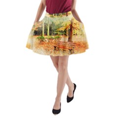 Tree Park Bench Art Abstract A-line Pocket Skirt by Celenk