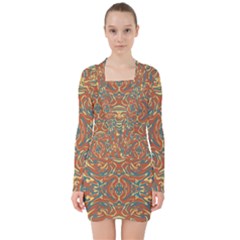 Multicolored Abstract Ornate Pattern V-neck Bodycon Long Sleeve Dress by dflcprints